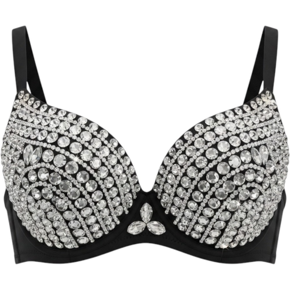 Black Rhinestone Sequin Push Up Festival Rave Bra Top Crystal Embellished EUC 34